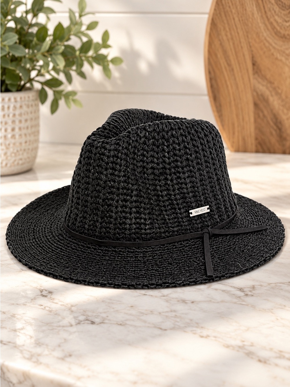 Nine West Black Crochet Fedora Hat